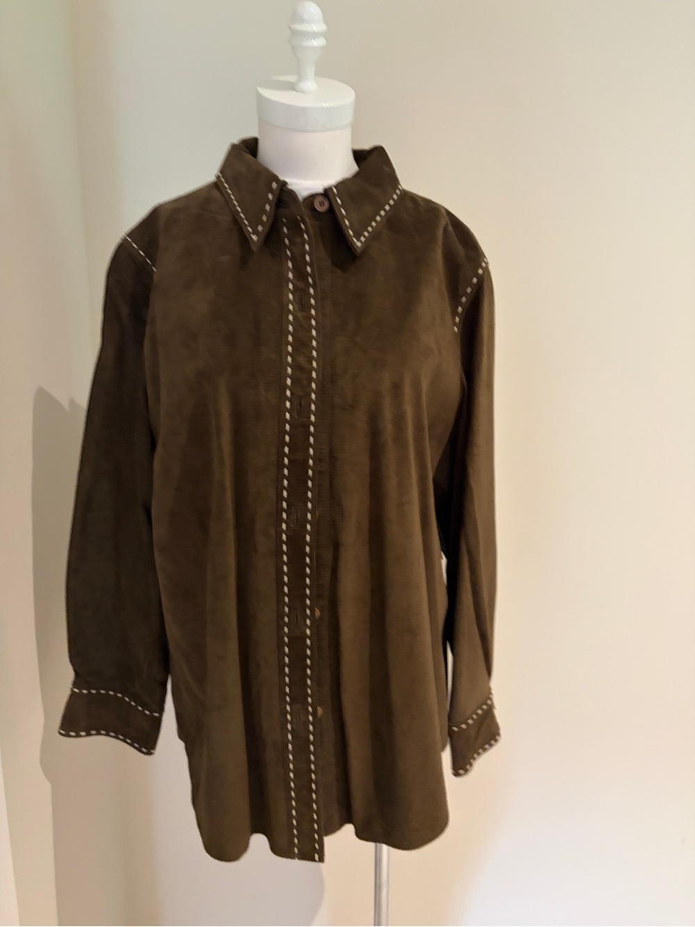 NWT Alfani Woman 2X Genuine Leather Olive Brown Suede Shirt Jacket Whipstitch